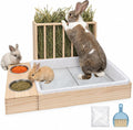 BESNEW Extra Large 3 in 1 Rabbit Hay Feeder with Litter Box,Upgraded Wooden Hay Feeder Set for Flemish Giant Angora Lop 