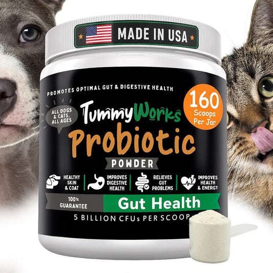 TummyWorks Probiotics for Dogs and Cats. 160 Scoops Probiotic Powder for Digestive Health, Gut, Immunity, Energy, Skin & Coat. 10 Strains, 5 Billion CFUs with 6 Enzymes & Prebiotics. Made in USA.