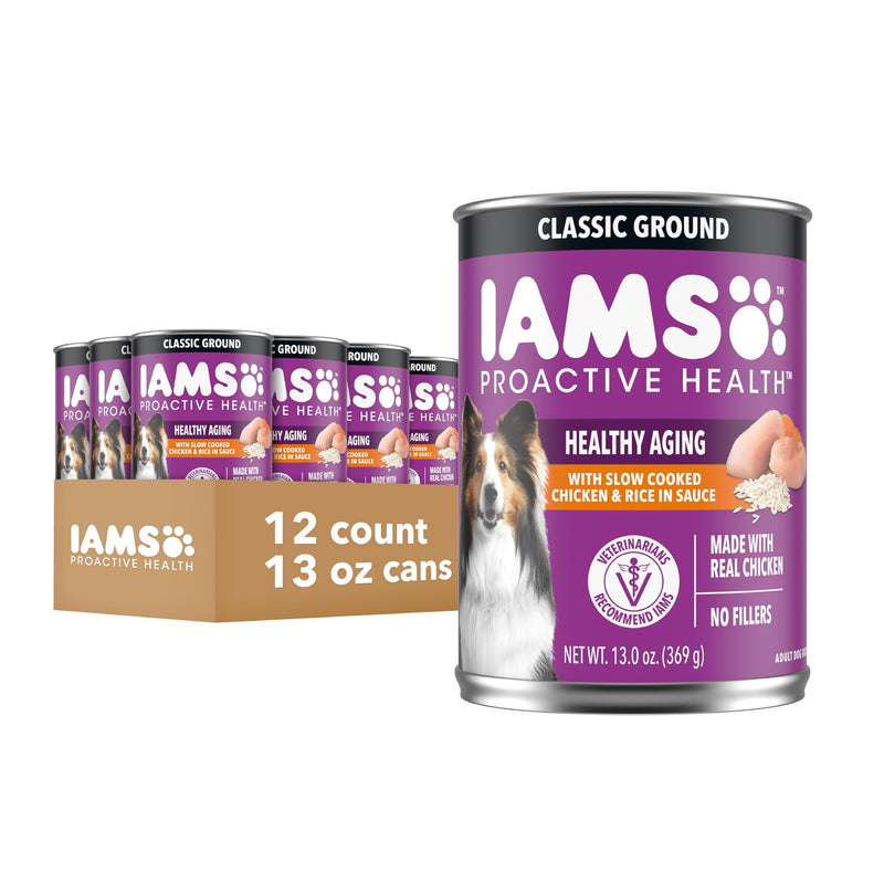 IAMS Proactive Health Senior Wet Dog Food, Classic Ground Dog Wet Food, Slow Cooked Chicken and Rice, 13 oz. Cans (Pack of 12)