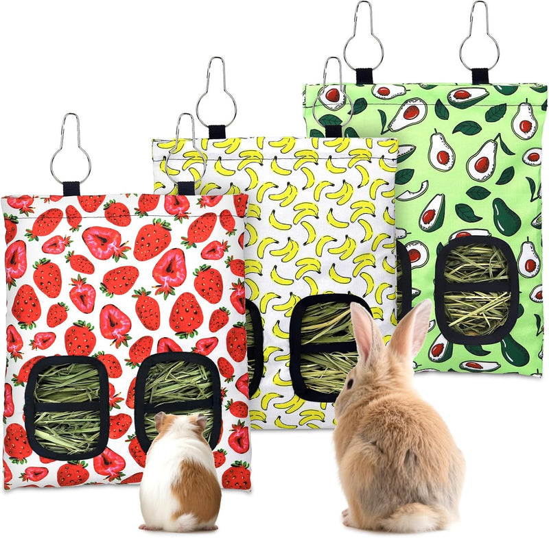 3 Pcs Rabbit Hay Feeder, 2-Hole Hanging Guinea Pig Hay Bags Washable Bunny Hay Bag for Rabbits, Chinchillas, Hamsters, S