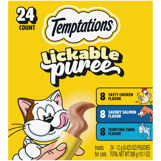 Temptations Lickable Cat Treats, Creamy Puree Squeezable, Wet Cat Treats with Chicken, Salmon, and Tuna Variety Pack, 0.42 oz. Tubes, 24 Count