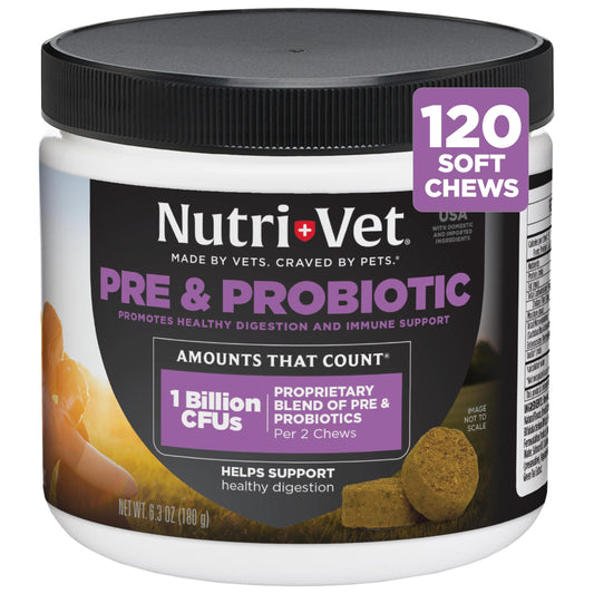 Nutri-Vet Pre & Probiotics for Dogs, Digestive Support, Upset Stomach, Puppy Probiotic, Pet Vitamins and Supplements, Dog Probiotics, Liver & Cheese Flavor, 120 Soft Chews