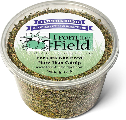from The Field | Ultimate Blend Catnip & Silver Vine | Premium USA-Grown Catnip for Toys & Playtime | Fresh, Potent, Non-Toxic, Eco-Friendly | Safe for Kittens & Cats | Resealable 2 Oz Tub