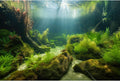 Underwater Aquarium Background Underwater Aquatic Plants with Sunbeams Fish Tank Background Rock with Lush Moss Terrariu