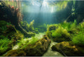 Underwater Aquarium Background Underwater Aquatic Plants with Sunbeams Fish Tank Background Rock with Lush Moss Terrariu