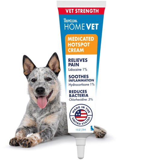 TropiClean HomeVet Medicated Cream, Hot Spot Treatment for Dogs, Fast Itch Relief, with Vet Strength Chlorhexidine & Hydrocortisone, USA Made, 1 oz