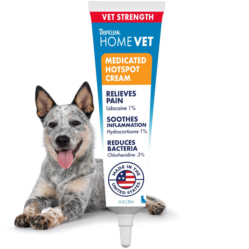 TropiClean HomeVet Medicated Cream, Hot Spot Treatment for Dogs, Fast Itch Relief, with Vet Strength Chlorhexidine & Hydrocortisone, USA Made, 1 oz