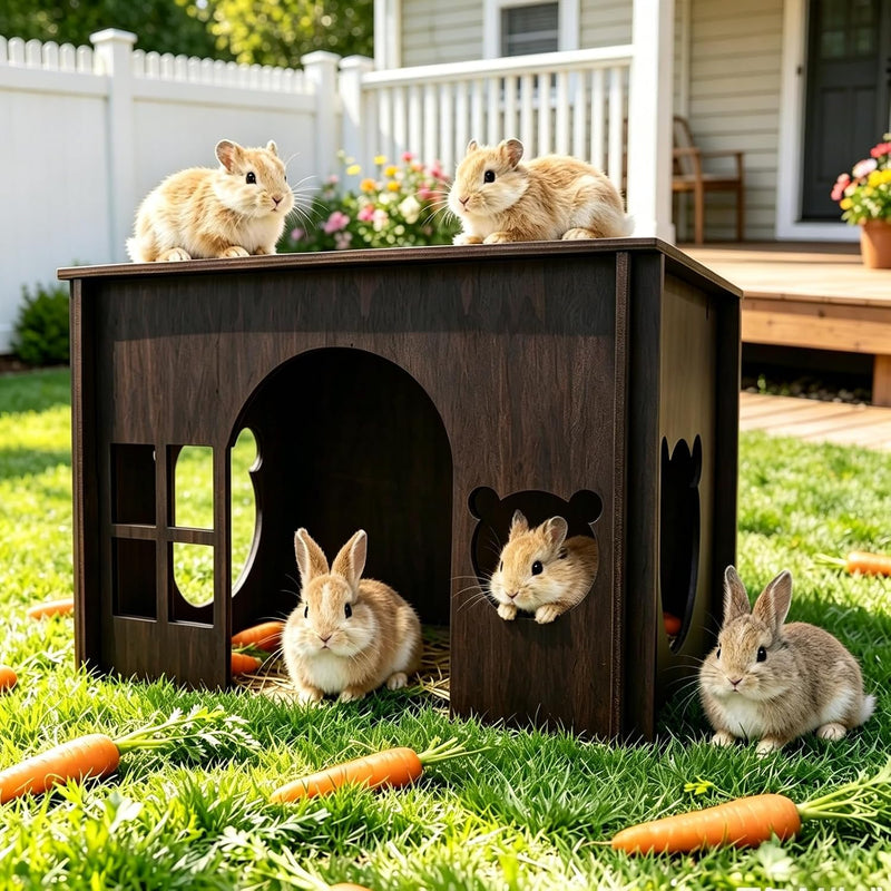 Large Sturdy Wooden Rabbit Castle Hideout with Spacious Balcony