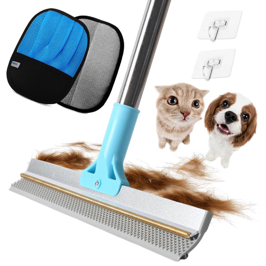 kanuoc Carpet Rake for Pet Hair Removal, 54" Adjustable Long Handle 3 in 1 Carpet Rake & Pet Hair Removal Gloves for Cat Dog Fur Remover for Carpets, Rugs, Mats and Furniture(with 2 Hooks)
