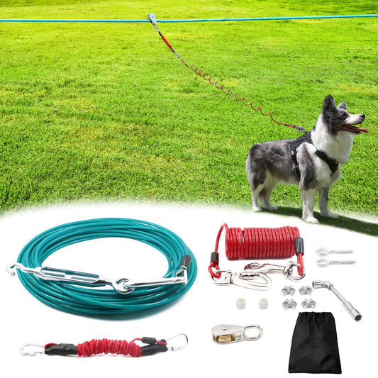 Tyalez 100FT Dog Run for Yard Heavy Duty with 10FT Tie Out Cable, Outdoor Leash Trolley System for Large Dog to 300Lbs