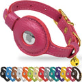 OOPSDOGGY Leather AirTag Cat Collar with Bell - Non Breakaway Kitten Collar with Apple Air Tag Holder - Lightweight GPS Pet Collars for Girl Boy Cats, Small Dogs, Puppies (Pink)