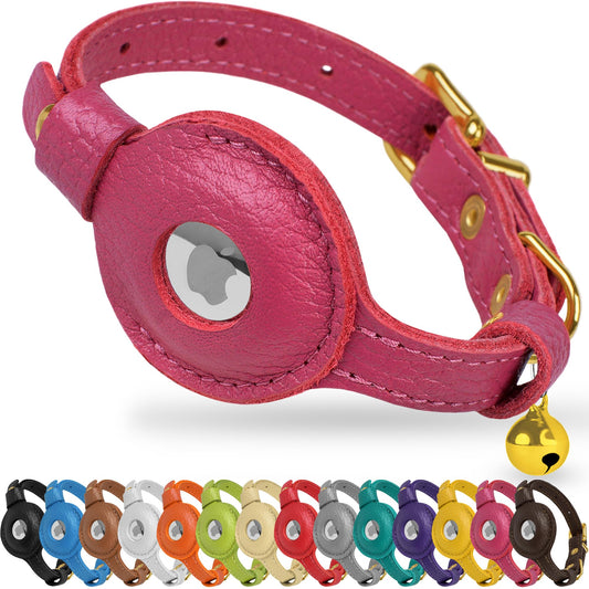 OOPSDOGGY Leather AirTag Cat Collar with Bell - Non Breakaway Kitten Collar with Apple Air Tag Holder - Lightweight GPS Pet Collars for Girl Boy Cats, Small Dogs, Puppies (Pink)