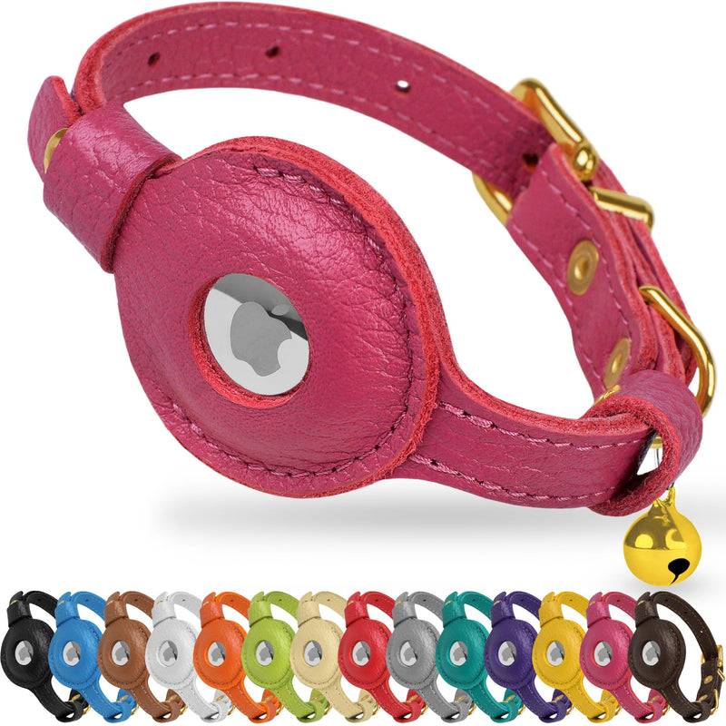 OOPSDOGGY Leather AirTag Cat Collar with Bell - Non Breakaway Kitten Collar with Apple Air Tag Holder - Lightweight GPS Pet Collars for Girl Boy Cats, Small Dogs, Puppies (Pink)