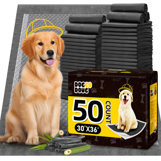 DOGGO DOUG Dog Pee Pads for Dogs XXL 30"x36" Charcoal Puppy Pads 50 Counts Extra Large Disposable Activated Carbon Super Absorbent Full Edge-Wrapping Odor-Control Training Pads with Adhesive Tabs