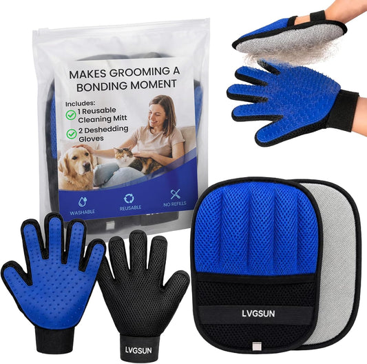 LVGSUN Cat Grooming Gloves for Shedding – Pet Hair Remover Set with Self-Cleaning Mitt – 2 Deshedding Gloves + 1 Reusable Cleaning Mitt for Cats & Dogs – Long & Short Hair Deshedder