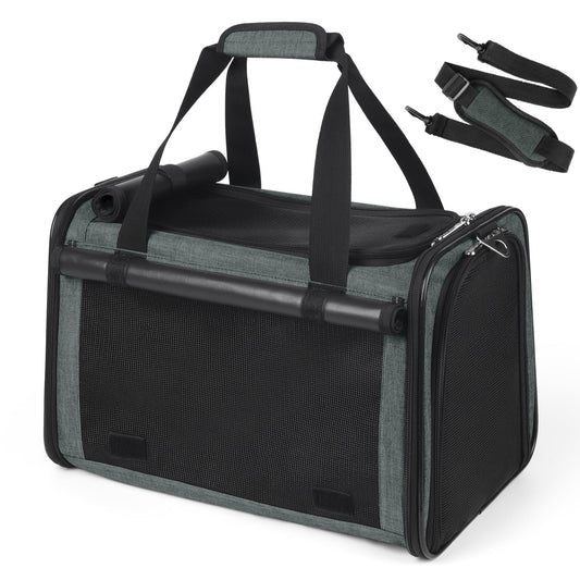 YUDODO 25lbs Cat Carrier Lightproof Soft Sided Pet Carrier for Large Cat & Small Dog Airline Approved Travel Puppy Carriers with Side Pockets & Reflective Mesh Foldable Portable for Outdoor Grey Green