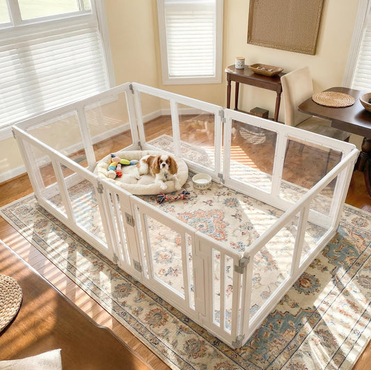 Wagora Clear Acrylic Dog Playpen with Door, Transparent Puppy Playpen for Small and Medium Puppies, Easy Assemble Pet Fence Indoor with Safety Lock (White, 69.3 x 35 x 22.4 Inch)