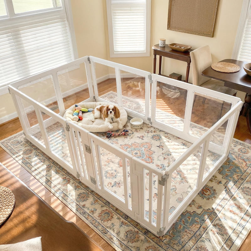 Wagora Clear Acrylic Dog Playpen with Door, Transparent Puppy Playpen for Small and Medium Puppies, Easy Assemble Pet Fence Indoor with Safety Lock (White, 69.3 x 35 x 22.4 Inch)