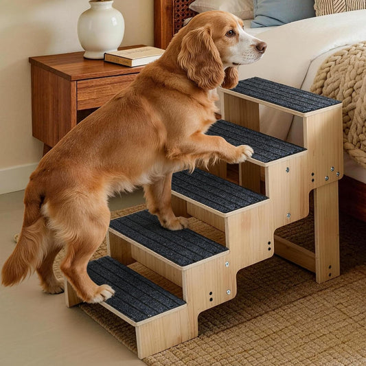 5-Step Wooden Dog Steps for Bed, Anti-Slip Dog Stairs with Carpet Pads, 23.6 Inches Pet Ramp for Dogs to Get on Bed, Pet