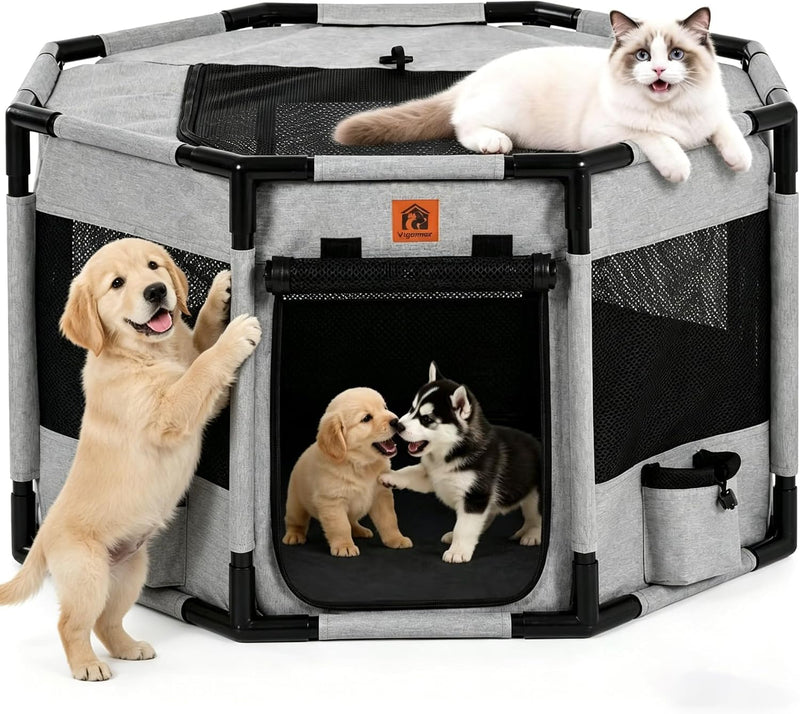 Enclosed Pet Playpen, Portable Cat & Puppy Playpen with Sturdy PVC Pipe Frame and Scratch-Resistant Fabric, Soft Kennel 