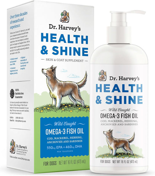 Dr. Harvey’s Health & Shine Omega 3 Fish Oil for Dogs from Wild Caught Cod, Mackerel, Herring, Anchovies and Sardines - Supports Beautiful Fur, Strong Joints and Itchy Allergy Relief (16 fl. oz.)