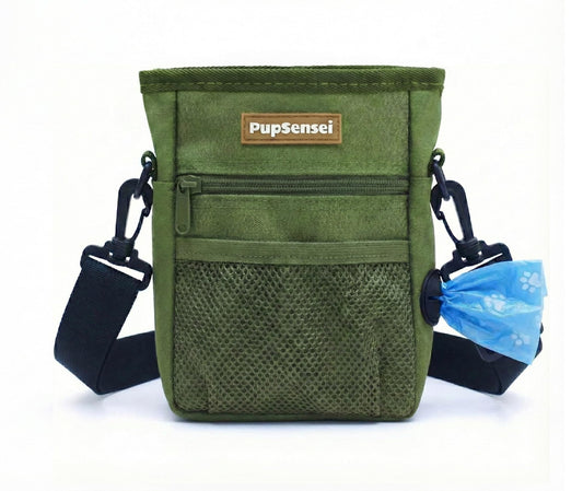 PupSensei Dog Treat Pouch for Training – Magnetic Dog Treat Bag with Belt Clip & Poop Bag Dispenser – Hands Free Carry Pouch with Auto-Close Access & Shoulder Strap – Durable Pet Gear – Army Green