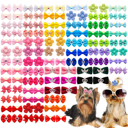100pcs Assorted Dog Hair Bows,Cute Solid Color Dog Bows for Girl Small Medium Size Dogs,Handmade Puppy Bowknot with Rhinestone Crown Designer and Mix Shapes, Pet Hair Grooming Accessories