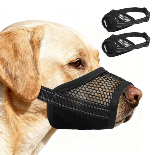PURRLIA 2 Pack Dog Muzzle,Mesh Soft Muzzle for Small Medium Large Sized Dog, Anti Barking Biting, Breathable Adjustable Drinkable，Mouth Cover for Grooming Training（Black, M