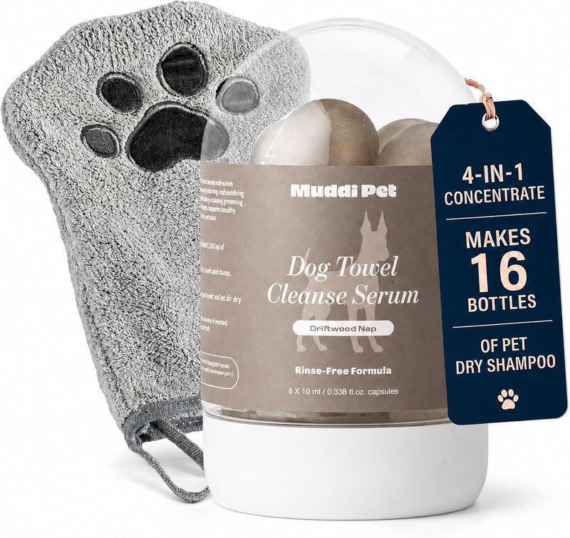 4-in-1 Waterless Dog Shampoo and Conditioner Concentrate with Mitt, Makes 16 Bottles of Dry Shampoo for Dogs, Cleanses, 
