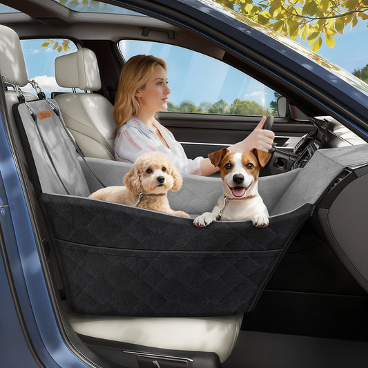 Tivray Elevated Dog Car Seat, Dog Booster Car Seats for Small & Medium Breeds Up to 35lbs, Fully Detachable and Washable, Soft Foam Pet Carseat with 2 Storage Pockets & 3 Safety Belts, Black & Gray