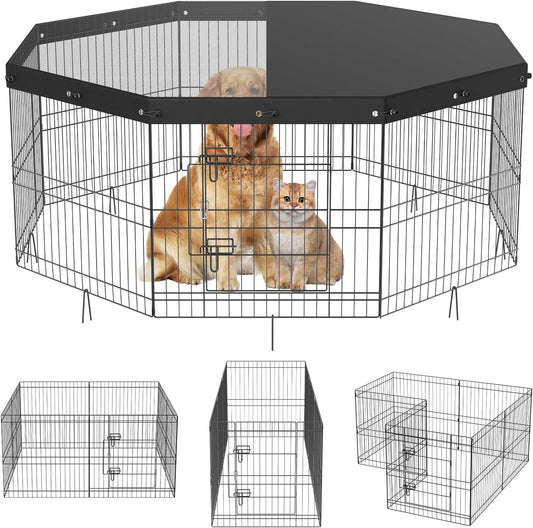 VEVOR Foldable Metal Dog Exercise Pen, Pet Puppy Playpen Yard Fence with Top Cover & Door, Indoor Outdoor 8 Panels 24" W x 24" H Dogs Crate Kennel with Ground Stakes for Small & Medium Dogs
