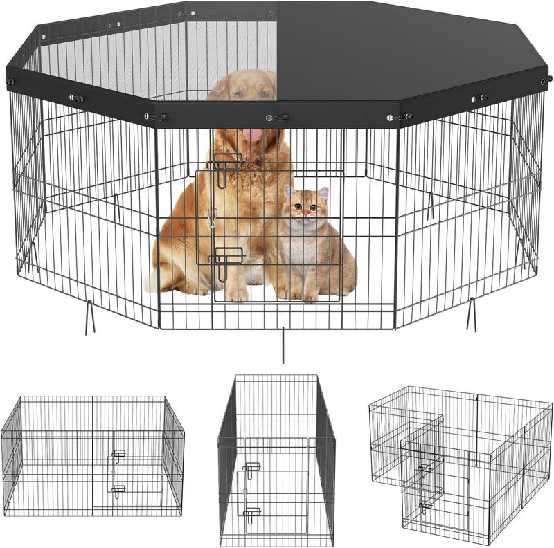 VEVOR Foldable Metal Dog Exercise Pen, Pet Puppy Playpen Yard Fence with Top Cover & Door, Indoor Outdoor 8 Panels 24