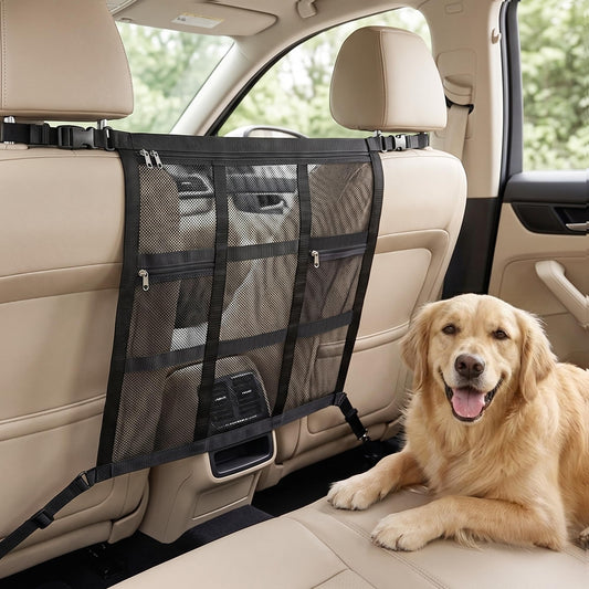 Wrenox Dog Car Barrier, Dog Barrier for SUV, Reinforced Double-Layer Mesh, Adjustable Top & Bottom Straps, 3 Zipper Storage Pockets, Easy to Install, Also Fits Double-Cab Trucks & Select Sedans