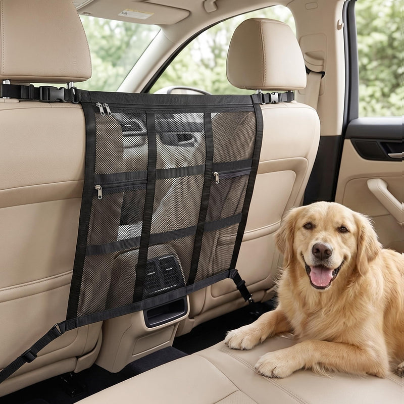 Wrenox Dog Car Barrier, Dog Barrier for SUV, Reinforced Double-Layer Mesh, Adjustable Top & Bottom Straps, 3 Zipper Storage Pockets, Easy to Install, Also Fits Double-Cab Trucks & Select Sedans