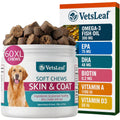 VetsLeaf Dog Skin and Coat Supplement Chews - Omega-3 Fish Oil, EPA & DHA, Biotin, Vitamin A & D3 - Coat Shine, Skin Hydration, Shedding & Itch Relief - Made in USA - 60 Count