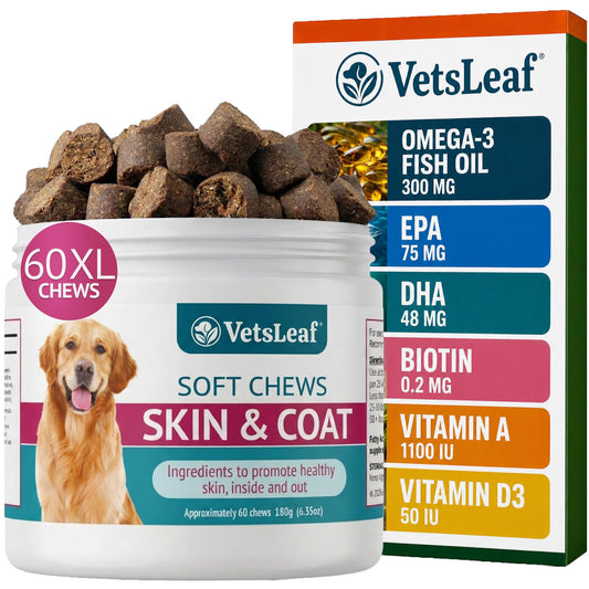 VetsLeaf Dog Skin and Coat Supplement Chews - Omega-3 Fish Oil, EPA & DHA, Biotin, Vitamin A & D3 - Coat Shine, Skin Hydration, Shedding & Itch Relief - Made in USA - 60 Count