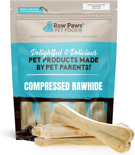 Raw Paws Compressed Rawhide Bones for Dogs, 8-inch, 5-Count - Packed in USA - Long Lasting Dog Chews - Natural Pressed Rawhides - Rawhide for Large Dogs - Bones for Aggressive Chewers
