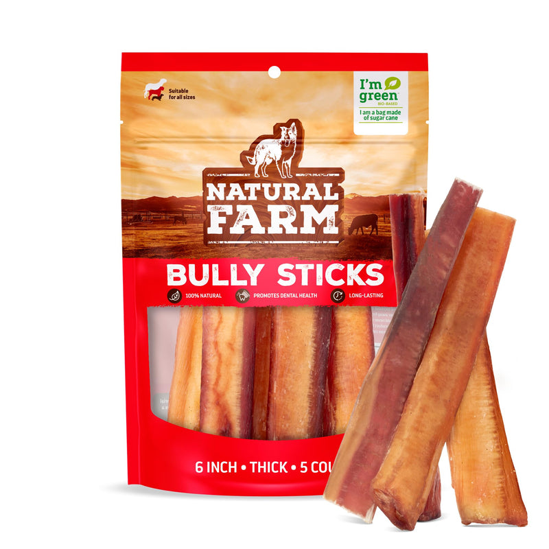 Natural Farm Odor-Free Thick Bully Sticks (6”, 5-Pack) All-Natural Long-Lasting Dog Chews, 100% Beef Pizzle, Grass-Fed, Grain-Free, Protein for Muscle Development & Energy, Perfect for Medium Chewers