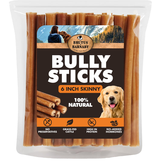 BRUTUS & BARNABY Skinny Bully Sticks for Dogs 6 Inch (16 Count) - Natural Grass-Fed Beef Chew Sticks, Odor Free, Single Ingredient, Rawhide Free - for Small Dogs, Medium Dogs & Puppies
