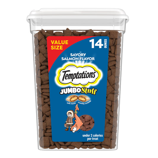 Temptations Jumbo Stuffed Cat Treats, Crunchy and Soft Cat Treats, Savory Salmon Flavor, 14 oz. Tub
