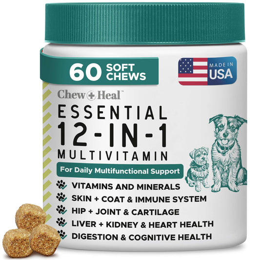 Dog Multivitamin Chewable - Chew + Heal 12-in-1, 60 Ct, Puppy, Senior Dog Vitamins & Supplements for Hip & Joint, Skin, Coat, Immune Support with Glucosamine, Omega 3,6,9, Probiotics, Chicken Flavor