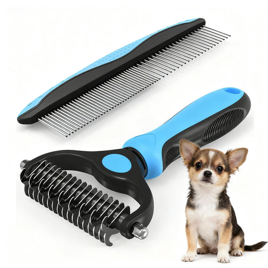 Double-Sided Pet Dematting Comb – 2-in-1 Undercoat Rake for Dogs & Cats, Stainless Steel Blade + PP Handle, Removes Tangles & Floating Hair, Lightweight 113 g, Home Grooming Tool