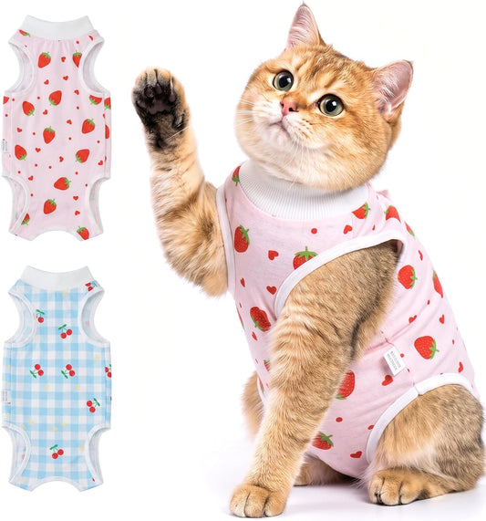 Avont 2 Pack Cat Recovery Suit - Kitten Onesie for Cats After Surgery, Surgical Spay Recovery Suit Female for Abdominal Wounds or Skin Diseases Protection -Cherry/Strawberry(M)