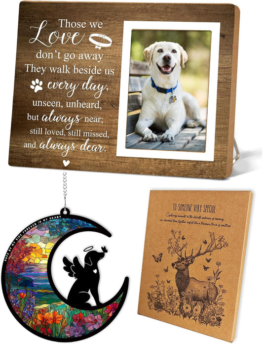 Memorial Picture Fram&Dog Memorial Suncatcher Gift Set, Pet Picture Frame, Sympathy Gifts for Loss of Loved Pet, Bereave