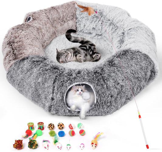Large Cats Tunnels for Indoor Cats Fluffy Warm Cat Bed and Detachable Cave Tunnels with 20 Pet Toys, Donut Tunnel and Va