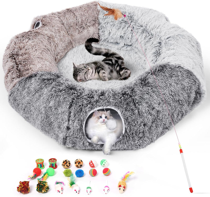 Large Cats Tunnels for Indoor Cats Fluffy Warm Cat Bed and Detachable Cave Tunnels with 20 Pet Toys, Donut Tunnel and Va