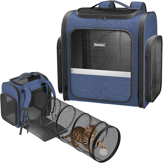 Pawtners Cat Backpack with Play Tunnel, Design for Carrying Playing