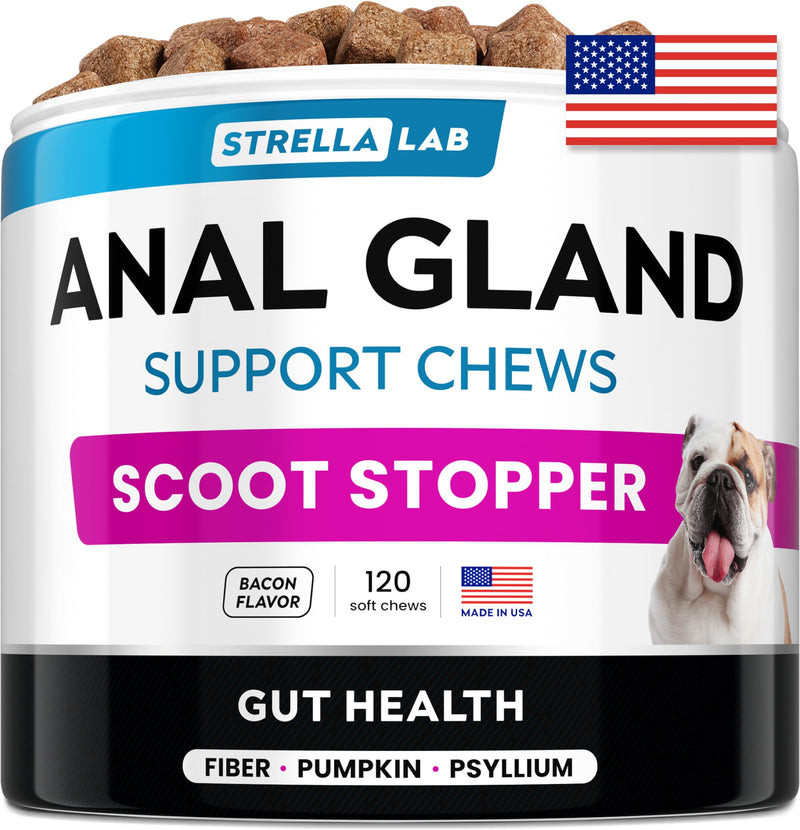 STRELLALAB Anal Gland Support Chews - Scoot Treatment - Digestive Enzymes, Prebiotics & Fiber Supplement for Dogs Digestion & Gut Health. Proprietary Blend of Beet, Psyllium, Dandelion & Pumpkin 120Ct