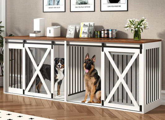 Nordee Axio 94.5" XXXL Dog Crate Furniture for 2 Large Dogs, Double Dog Cage Extra Large Breed, 35.4" Tall Thick Wooden Dog Kennel TV Stand with Divider, White