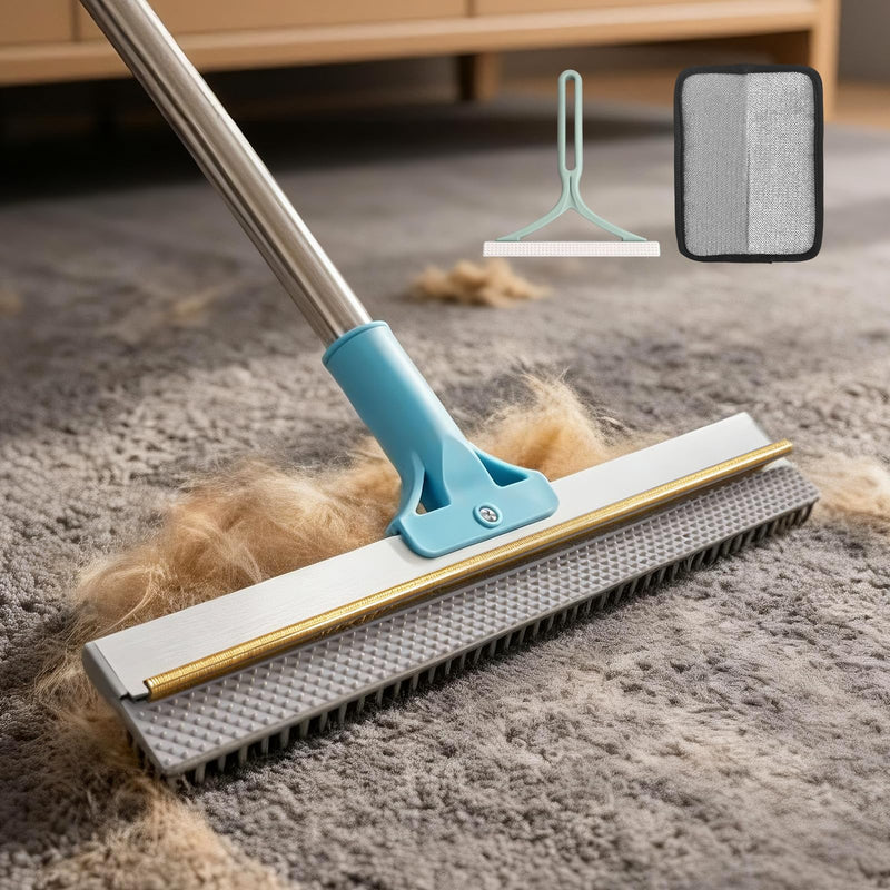 BFNN Carpet Rake for Pet Hair Removal | Reusable Dual-Action Carpet Broom Tool with Metal Scraper & Silicone Brush | 54